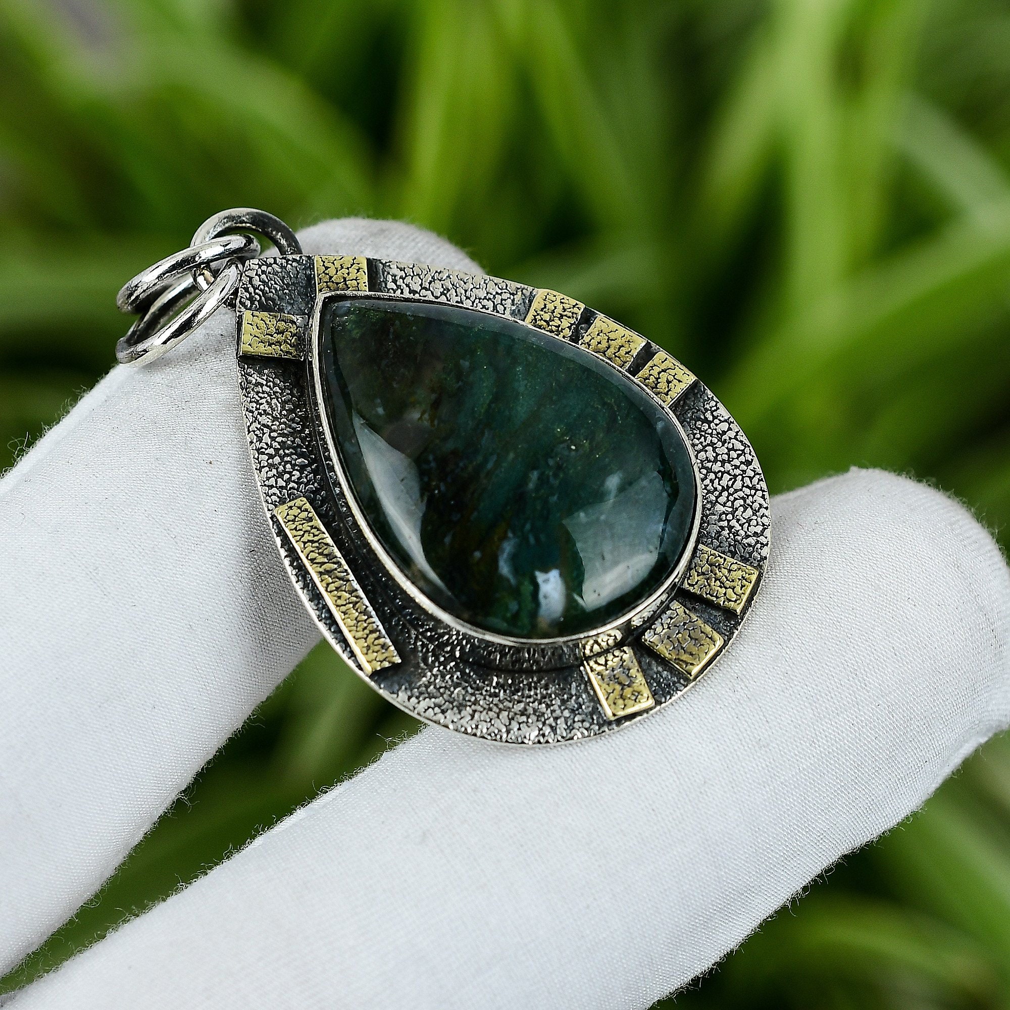 Handmade Pear Solar Moss Agate Pendant: 925 Sterling Silver, 18k Gold Plated