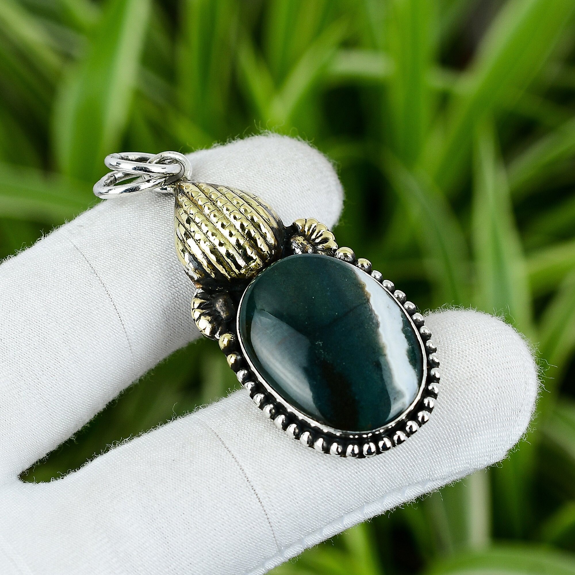 Handmade Solar Moss Agate 925 Sterling Silver Pendant