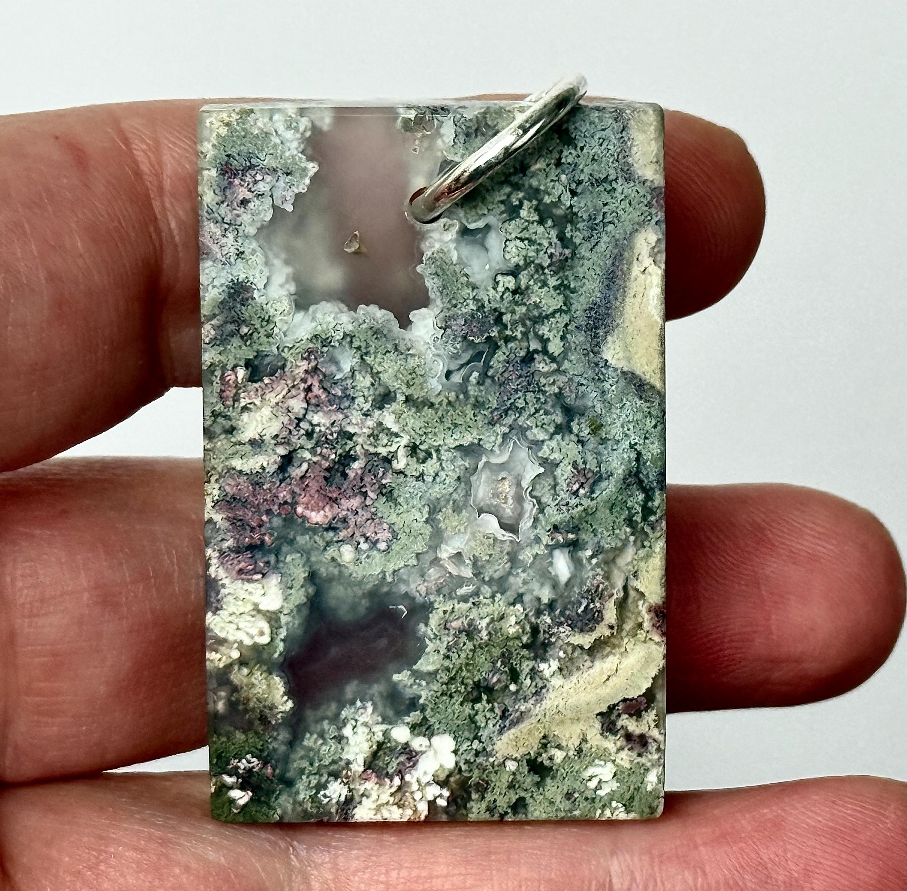 Indonesian Moss Agate Pendant, Cabochon Necklace, Sterling Silver Indonesian Moss Agate Pendant, Cabochon Necklace, Sterling Silver