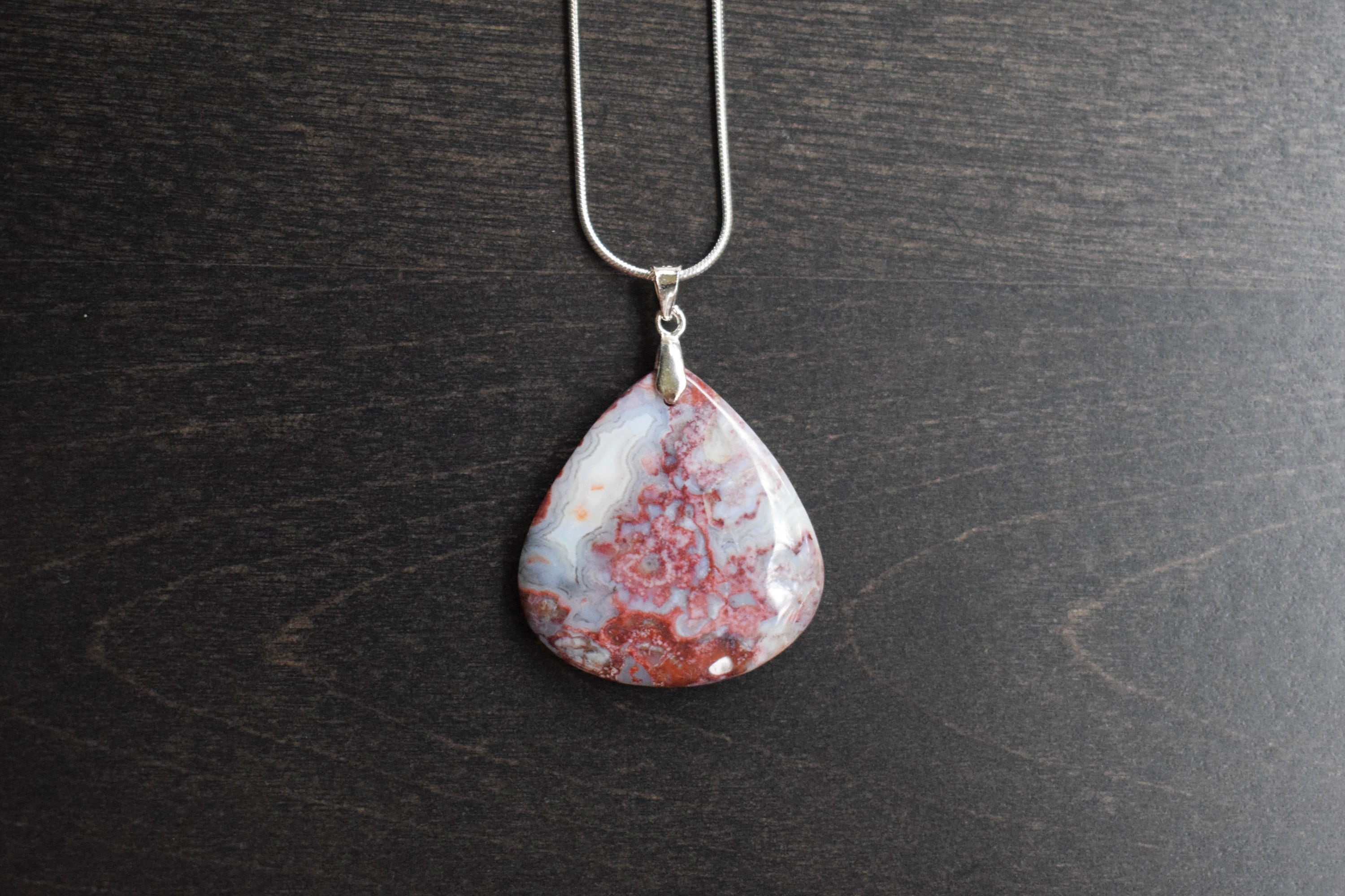 Indonesian Red Moss Agate Pendant - Pear / Teardrop - Semi Precious Stone - Sterling Silver - Choice Of Chain