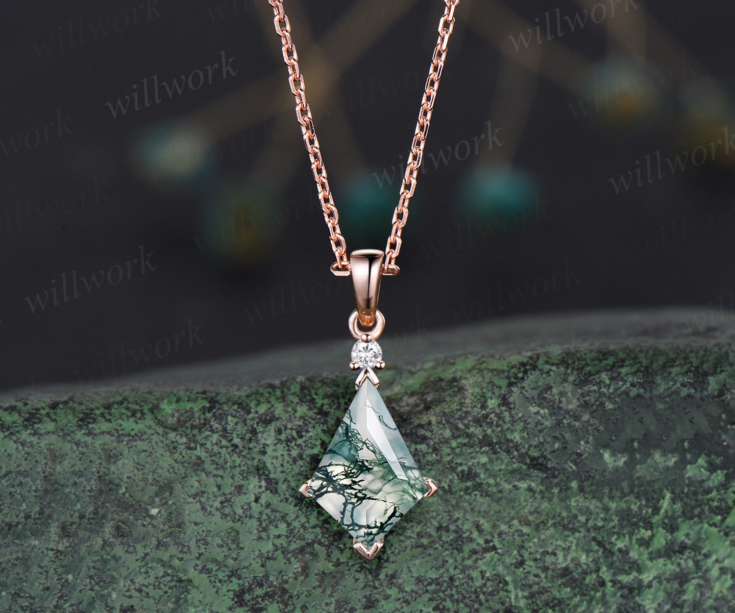 Kite Cut Moss Agate Necklace Solid 14k 18k Rose Gold Vintage Unique Two Stone Pendant For Women Her Anniversary Bridal Gift Mother