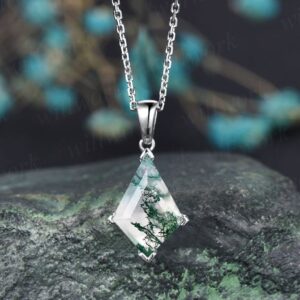 Kite Natural Moss Agate Necklace Solid 14k 18k White Gold Vintage Unique Personalized Pendant For Women Her Anniversary Bridal Gift Mother Kite Natural Moss Agate Necklace Solid 14k 18k White Gold Vintage Unique Personalized Pendant For Women Her Anniversary Bridal Gift Mother