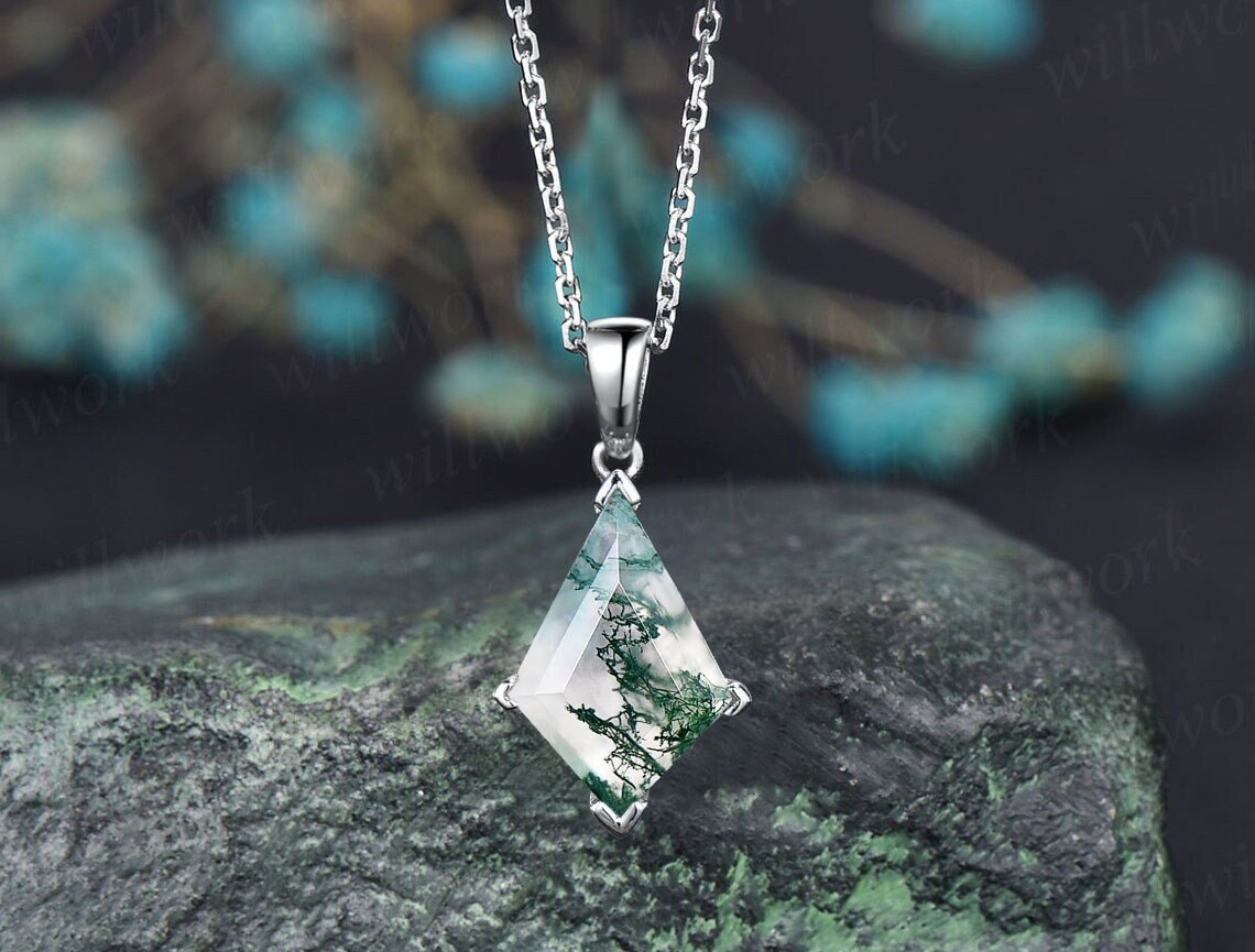 Kite Natural Moss Agate Necklace Solid 14k 18k White Gold Vintage Unique Personalized Pendant For Women Her Anniversary Bridal Gift Mother