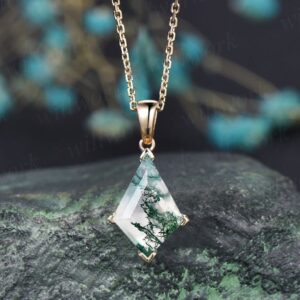 Kite Natural Moss Agate Necklace Solid 14k Yellow Gold Vintage Unique Personalized Pendant For Women Her Anniversary Bridal Gift Mother