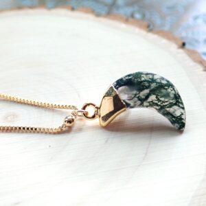 Moss Agate Necklace, Crescent Moon Gemstone Necklace, Moss Agate Pendant , Moss Agate Jewelry, Minimalist Celestial Necklace, Gift For Her,