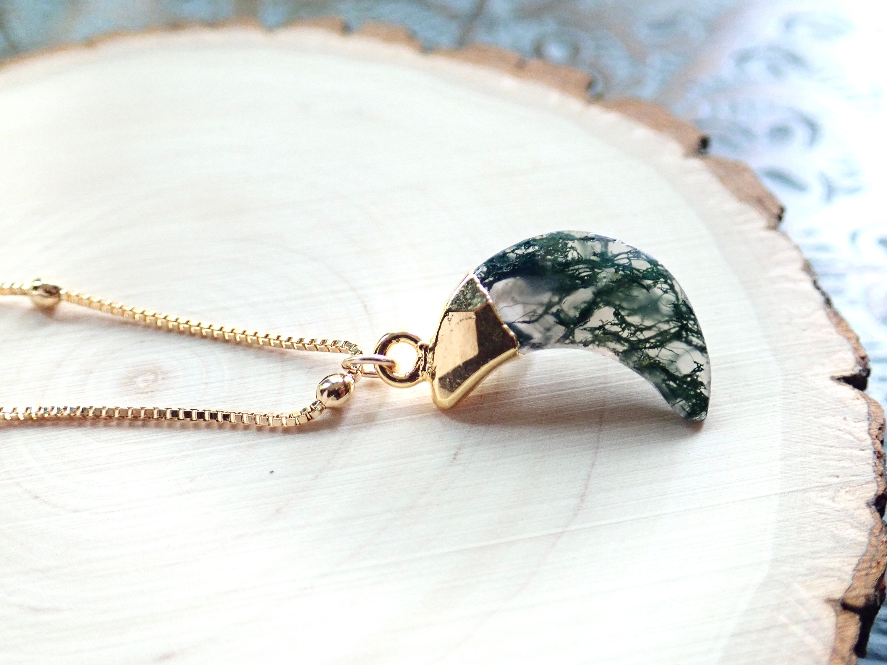 Moss Agate Necklace, Crescent Moon Gemstone Necklace, Moss Agate Pendant , Moss Agate Jewelry, Minimalist Celestial Necklace, Gift For Her,
