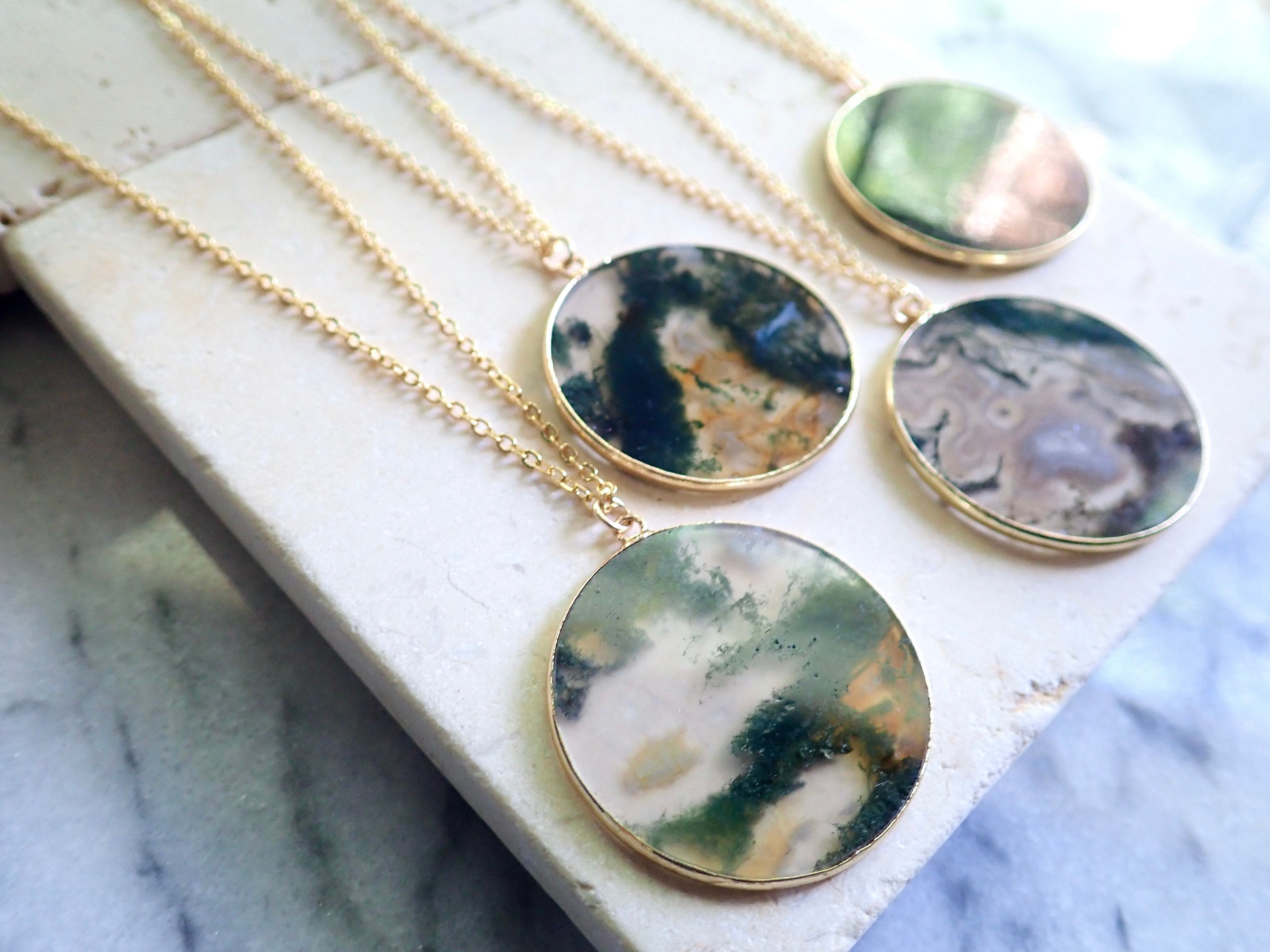 Moss Agate Necklace, Moss Agate Pendant, Moss Agate Jewelry,large Moss Agate Coin Necklace, Agate Slice Pendant Necklace,agate Jewelry