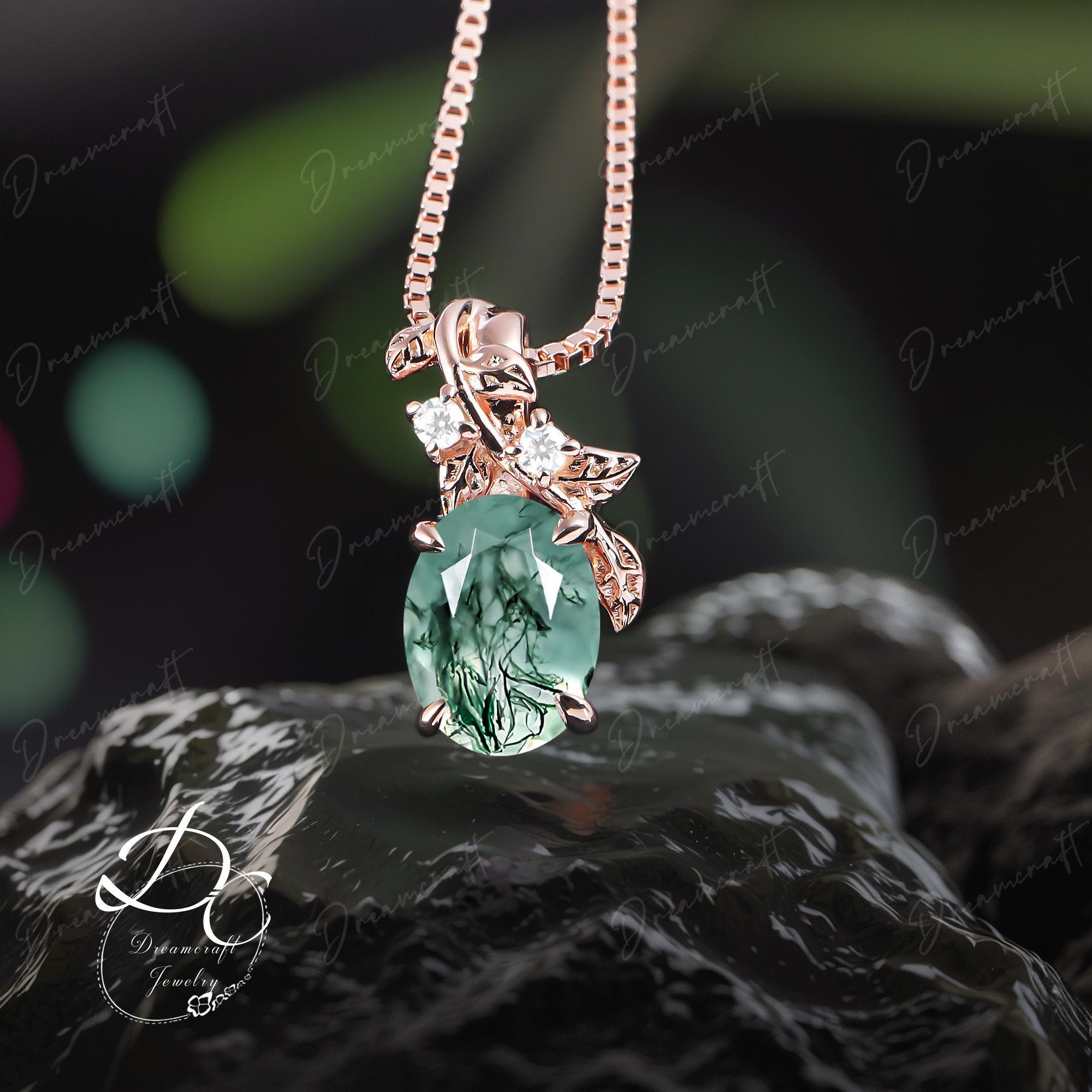 Oval Cut Green Moss Agate Necklace 14k Rose Gold Unique Jewelry Pendant Women Leaf Nature Inspired Personalized Necklace Gift Anniversary