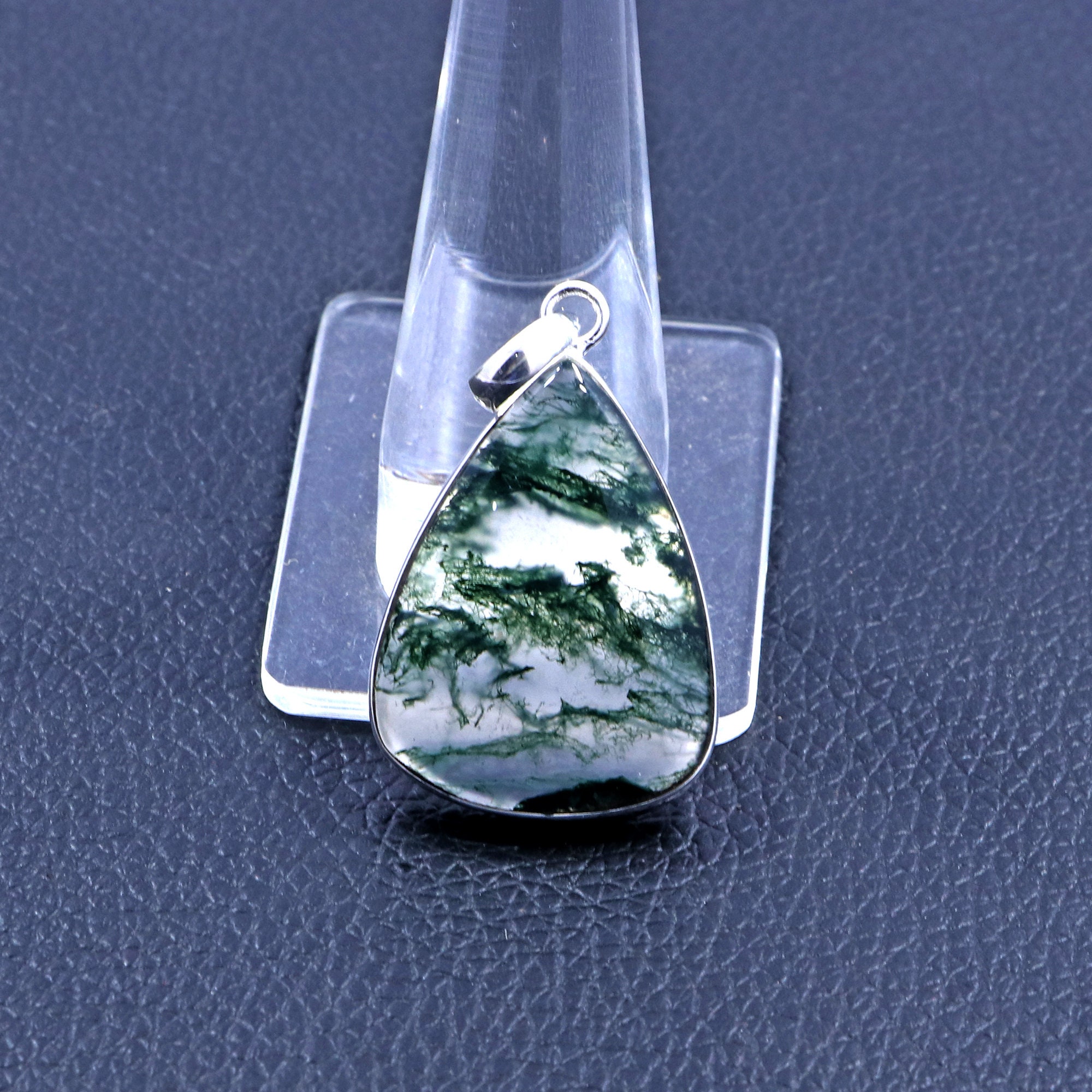 Pear Moss Agate Pendant: 925 Sterling Silver, Green Stone Pear Moss Agate Pendant: 925 Sterling Silver, Green Stone