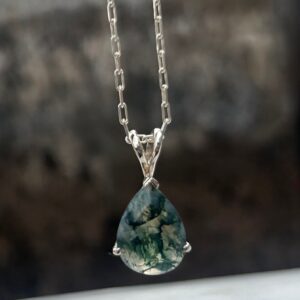 Pear Moss Agate Pendant: 925 Sterling Silver, Green Stone Pear Moss Agate Pendant: 925 Sterling Silver, Green Stone