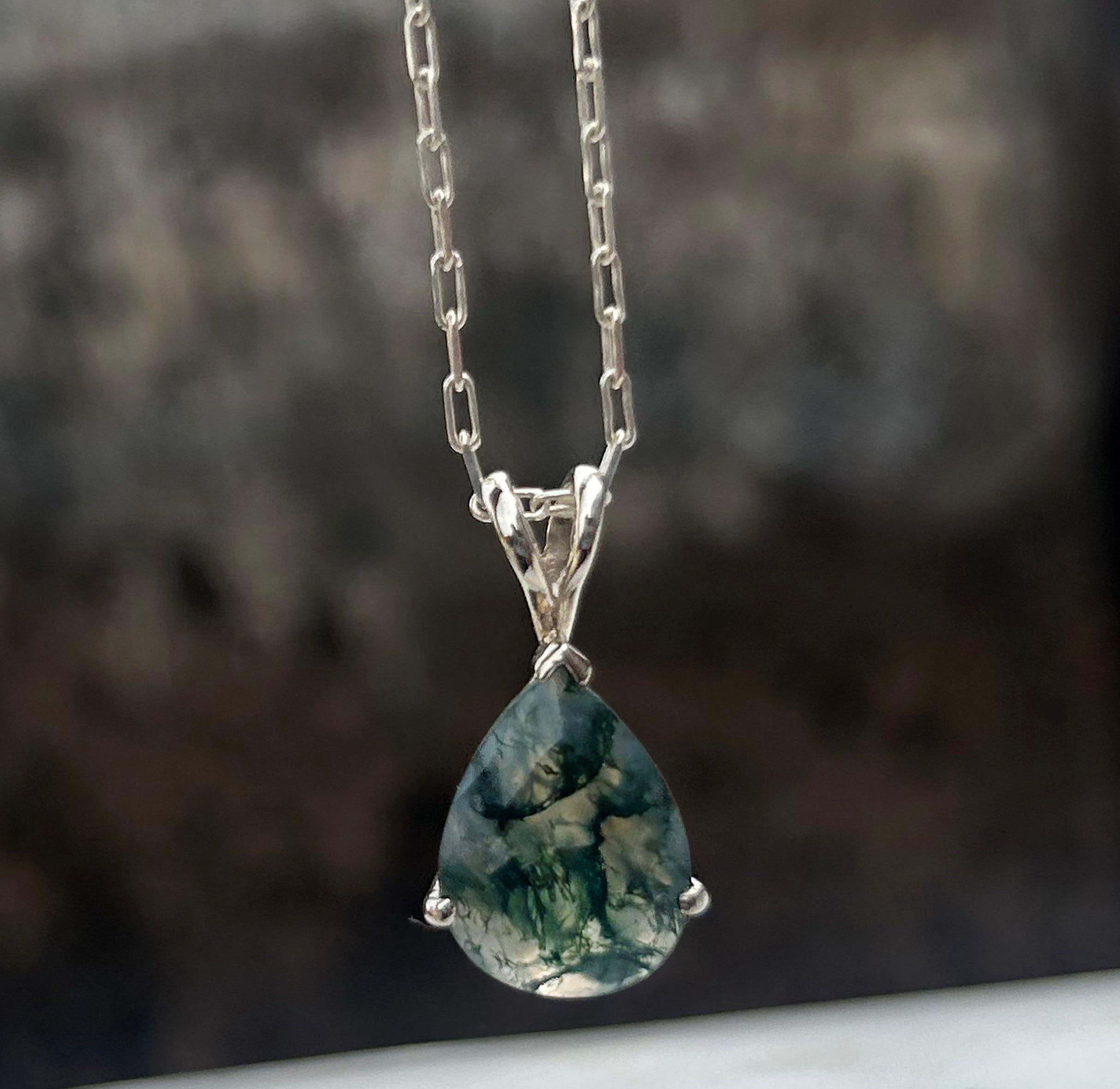 Pear Moss Agate Pendant: 925 Sterling Silver, Green Stone Pear Moss Agate Pendant: 925 Sterling Silver, Green Stone