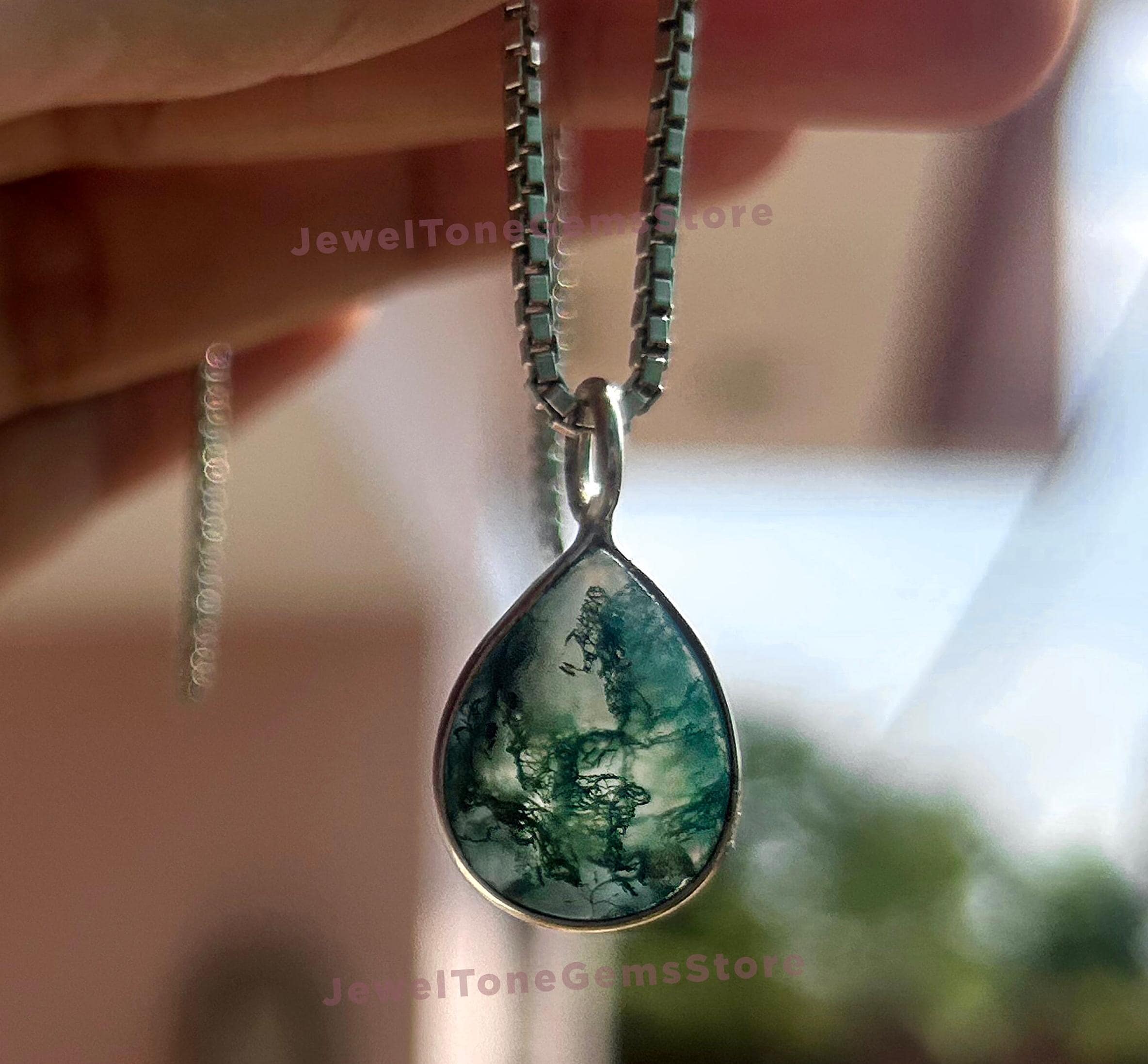 Pear Moss Agate Pendant: Faceted 925 Sterling Silver Boho Jewelry