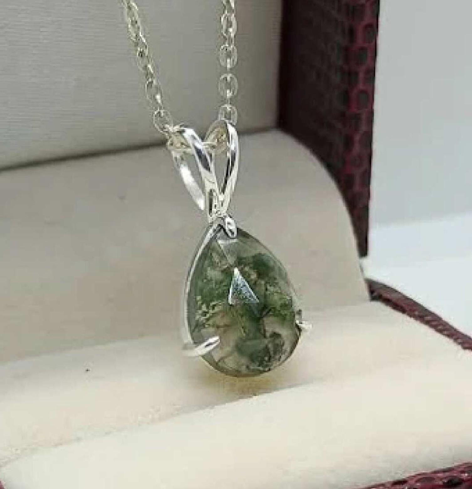 Pear Moss Agate Pendant: Sterling Silver Pendant Necklace Engagement Gifts