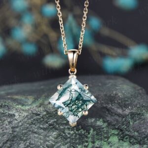 Princess Cut Moss Agate Necklace Solid 14k Yellow Gold Vintage Unique Personalized Pendant Women Her Gemstone Anniversary Bridal Gift Mother Princess Cut Moss Agate Necklace Solid 14k Yellow Gold Vintage Unique Personalized Pendant Women Her Gemstone Anniversary Bridal Gift Mother
