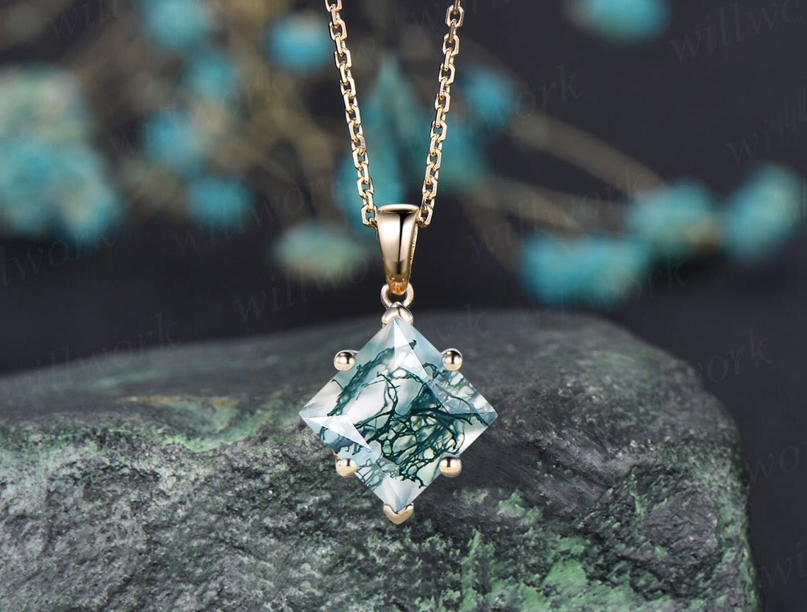 Princess Cut Moss Agate Necklace Solid 14k Yellow Gold Vintage Unique Personalized Pendant Women Her Gemstone Anniversary Bridal Gift Mother