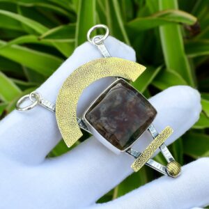 Solar Moss Agate Pendant: 925 Sterling Silver, 18K Gold Plated Solar Moss Agate Pendant: 925 Sterling Silver, 18K Gold Plated