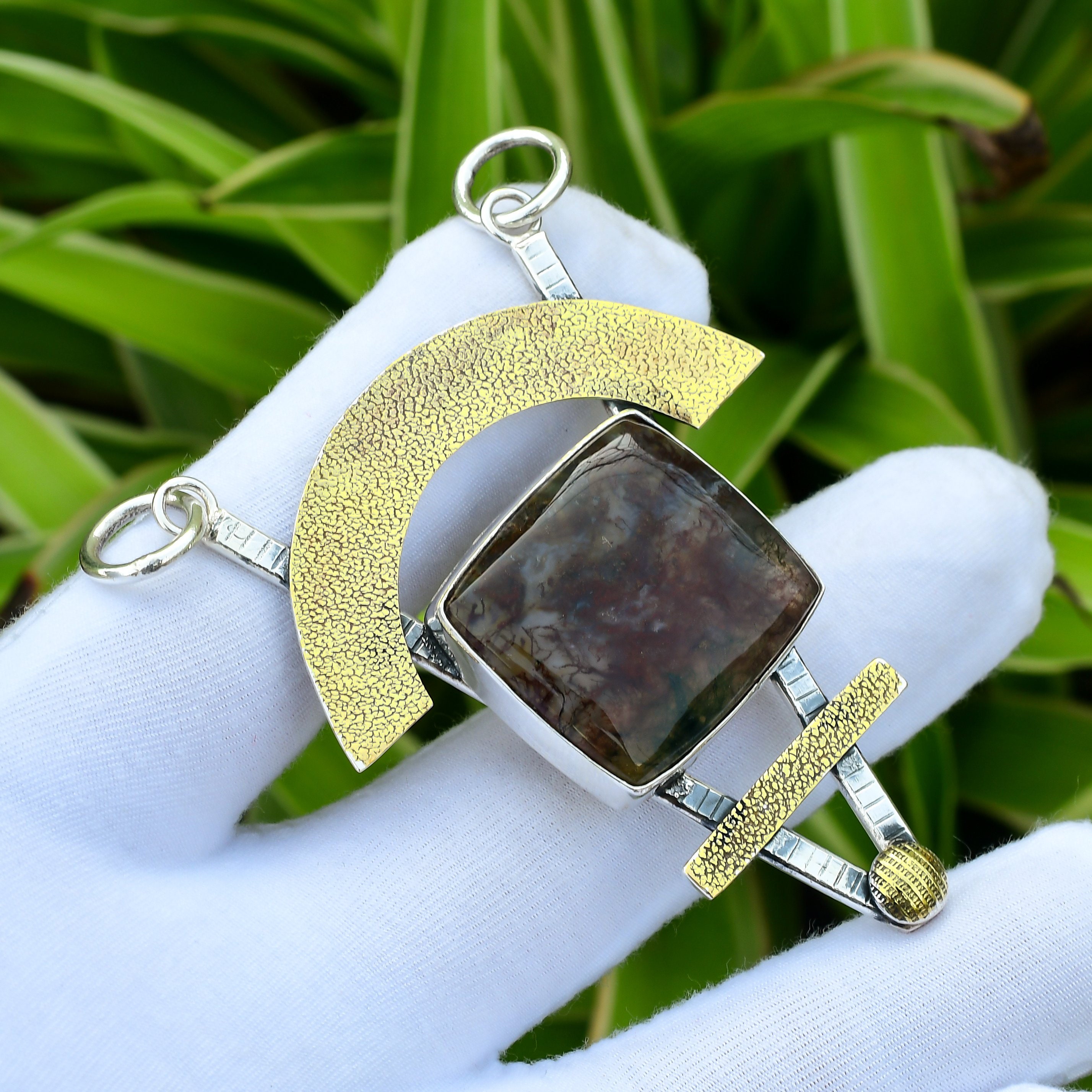 Solar Moss Agate Pendant: 925 Sterling Silver, 18k Gold Plated