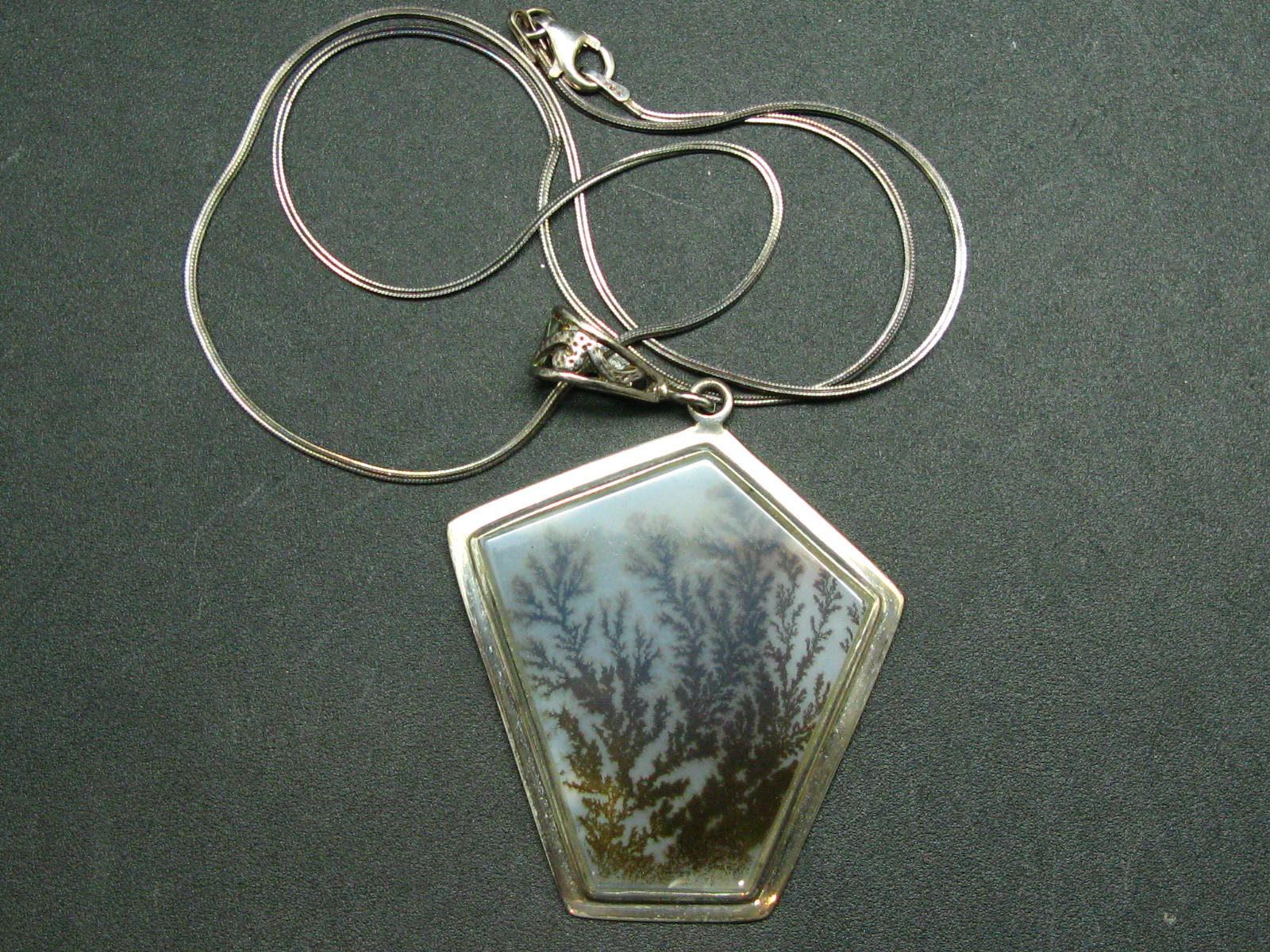 Tranquillity!! Rare Scenery Moss Agate Cabochon 925 Sterling Silver Pendant With Silver Chain From Kazakhstan - 4.0"