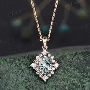Unique Oval Green Moss Agate Necklace Solid 14k 18k Gold Halo Princess Moissanite Diamond Necklace Pendant Women Anniversary Gift Jewelry Unique Oval Green Moss Agate Necklace Solid 14k 18k Gold Halo Princess Moissanite Diamond Necklace Pendant Women Anniversary Gift Jewelry
