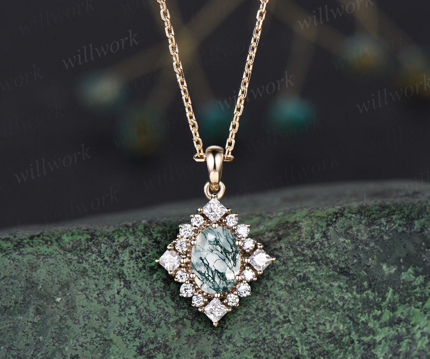 Unique Oval Green Moss Agate Necklace Solid 14k 18k Gold Halo Princess Moissanite Diamond Necklace Pendant Women Anniversary Gift Jewelry