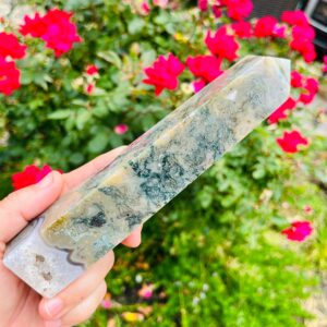 Druzy Moss Agate Tower With Lace Agate Druzy Geode Tower Obelisk Point Wand Carved Crystal Tower ~