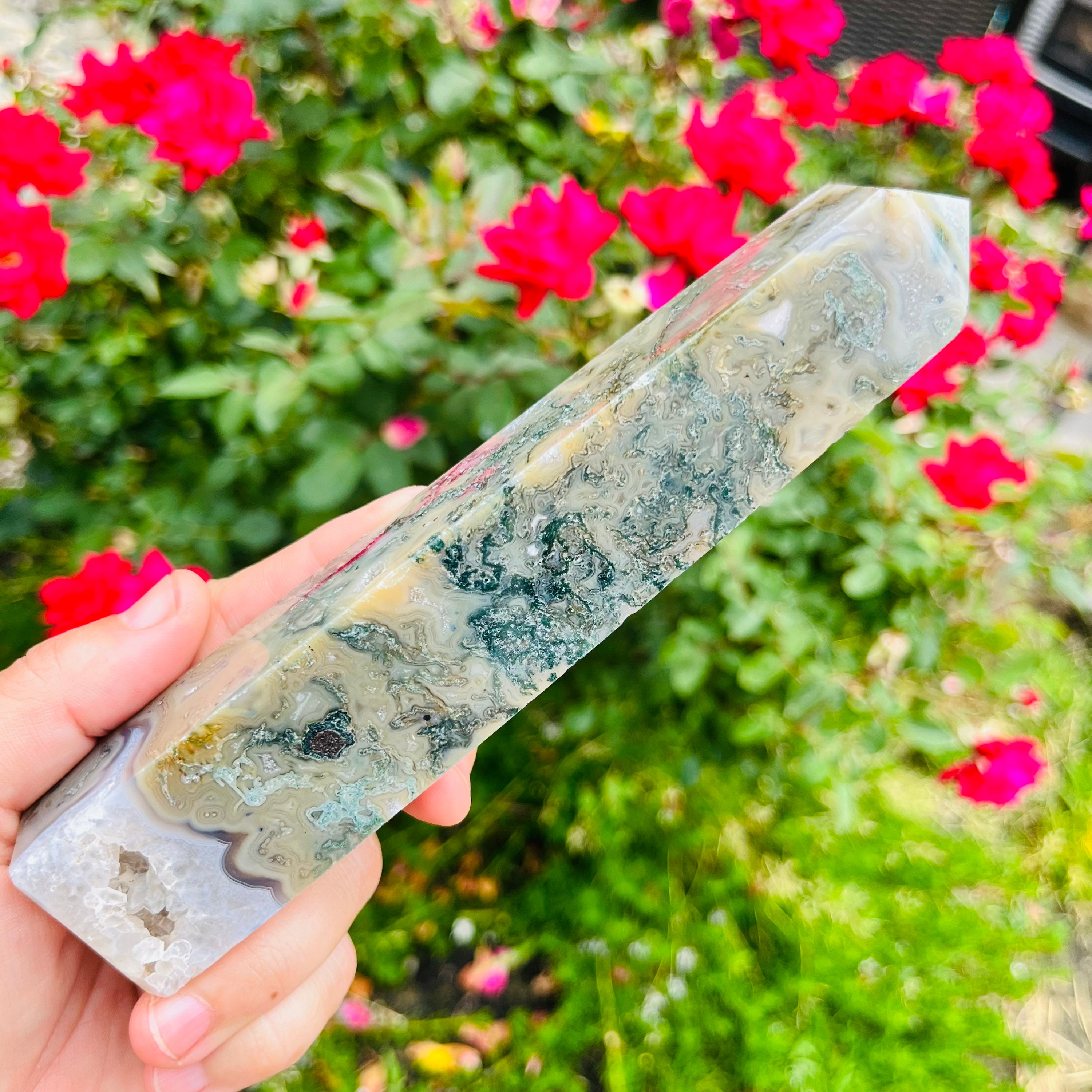 Druzy Moss Agate Tower With Lace Agate Druzy Geode Tower Obelisk Point Wand Carved Crystal Tower ~