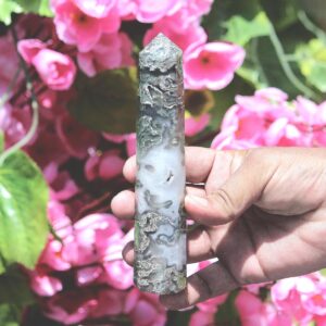 Huge 150MM Moss Agate Obelisk Tower: Faceted Healing Crystal