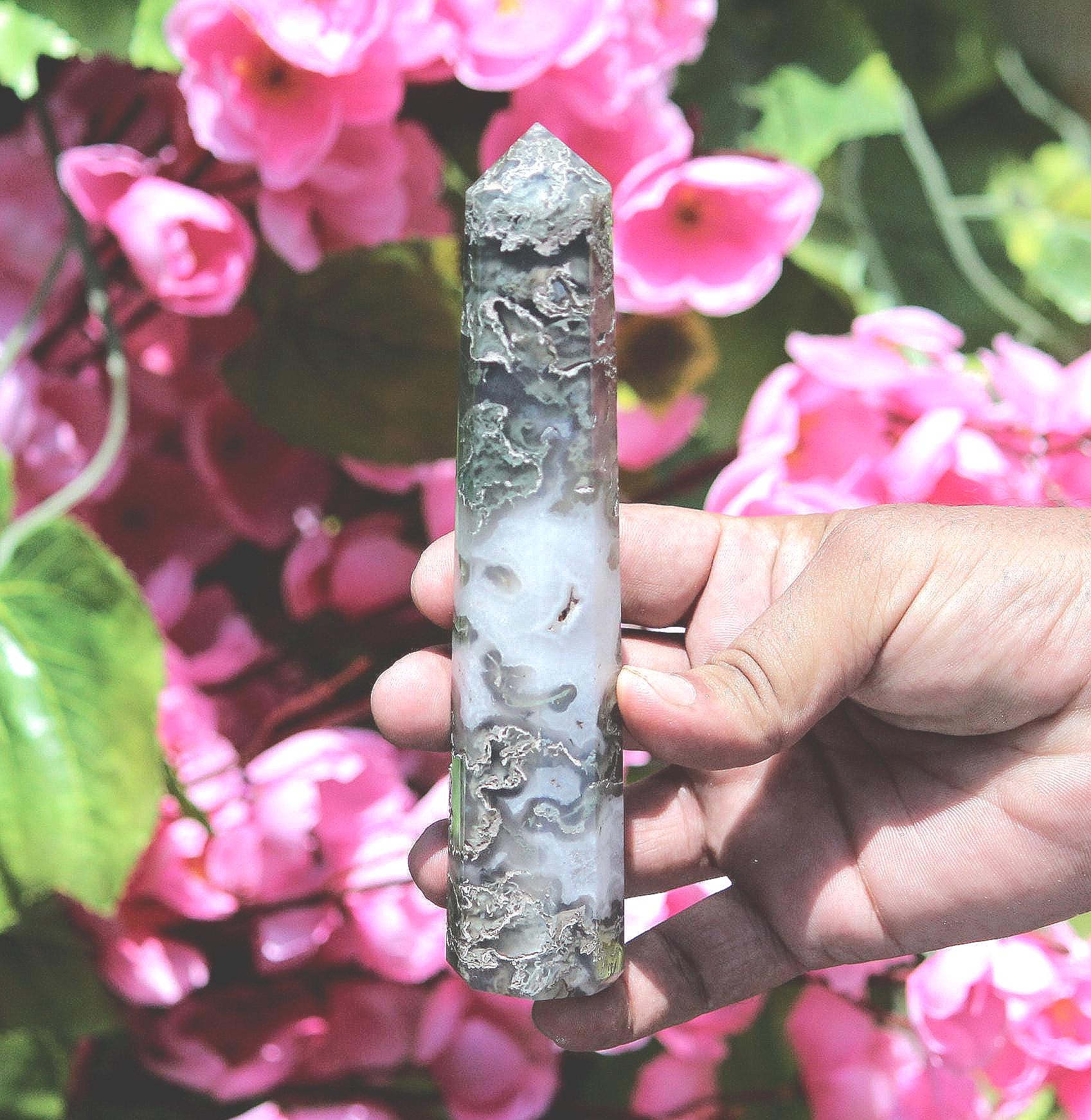 Huge 150mm Moss Agate Obelisk Tower: Faceted Healing Crystal Huge 150mm Moss Agate Obelisk Tower: Faceted Healing Crystal