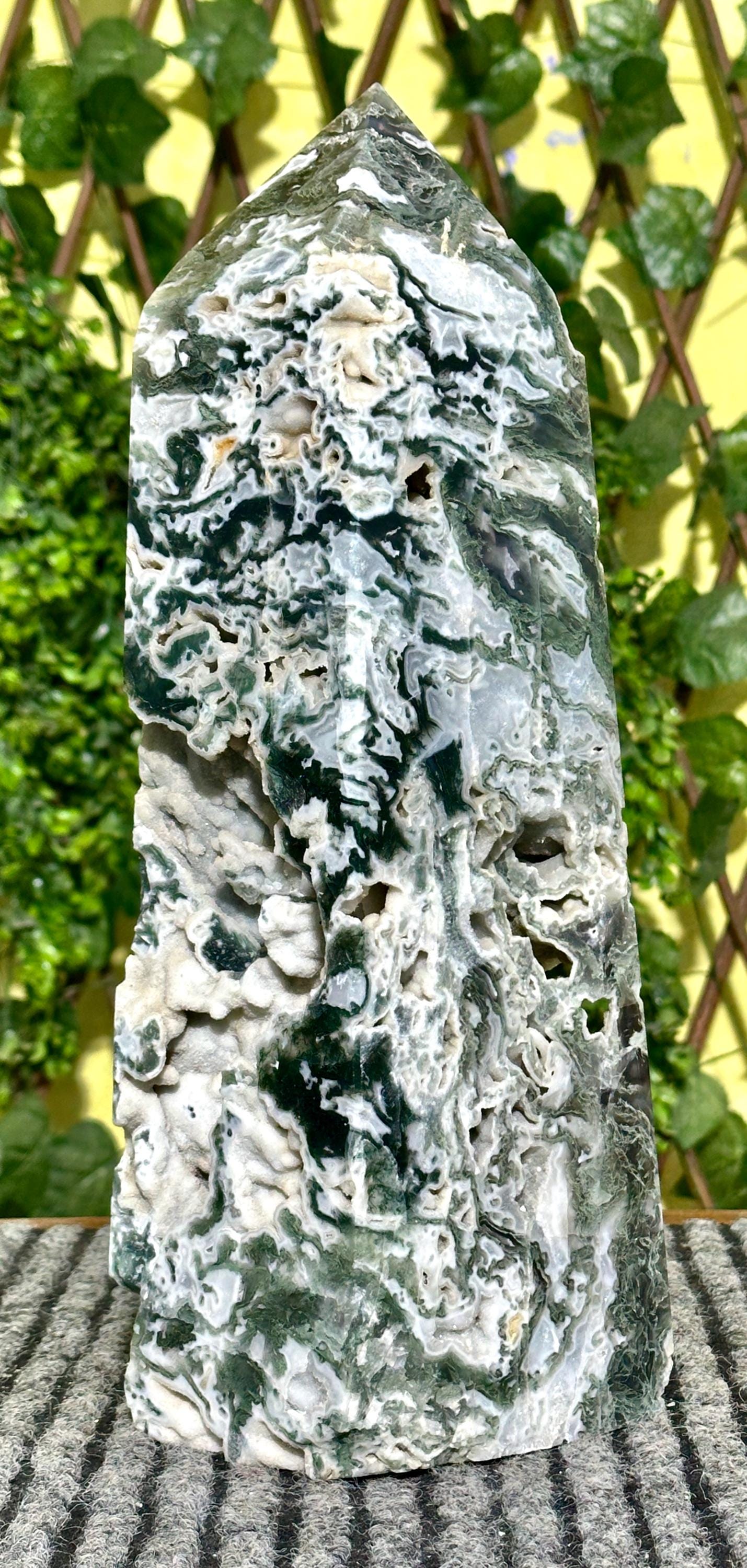 Massive Polished Green Druzy Moss Agate Obelisk Tower, Aura Energy Stone Massive Polished Green Druzy Moss Agate Obelisk Tower, Aura Energy Stone