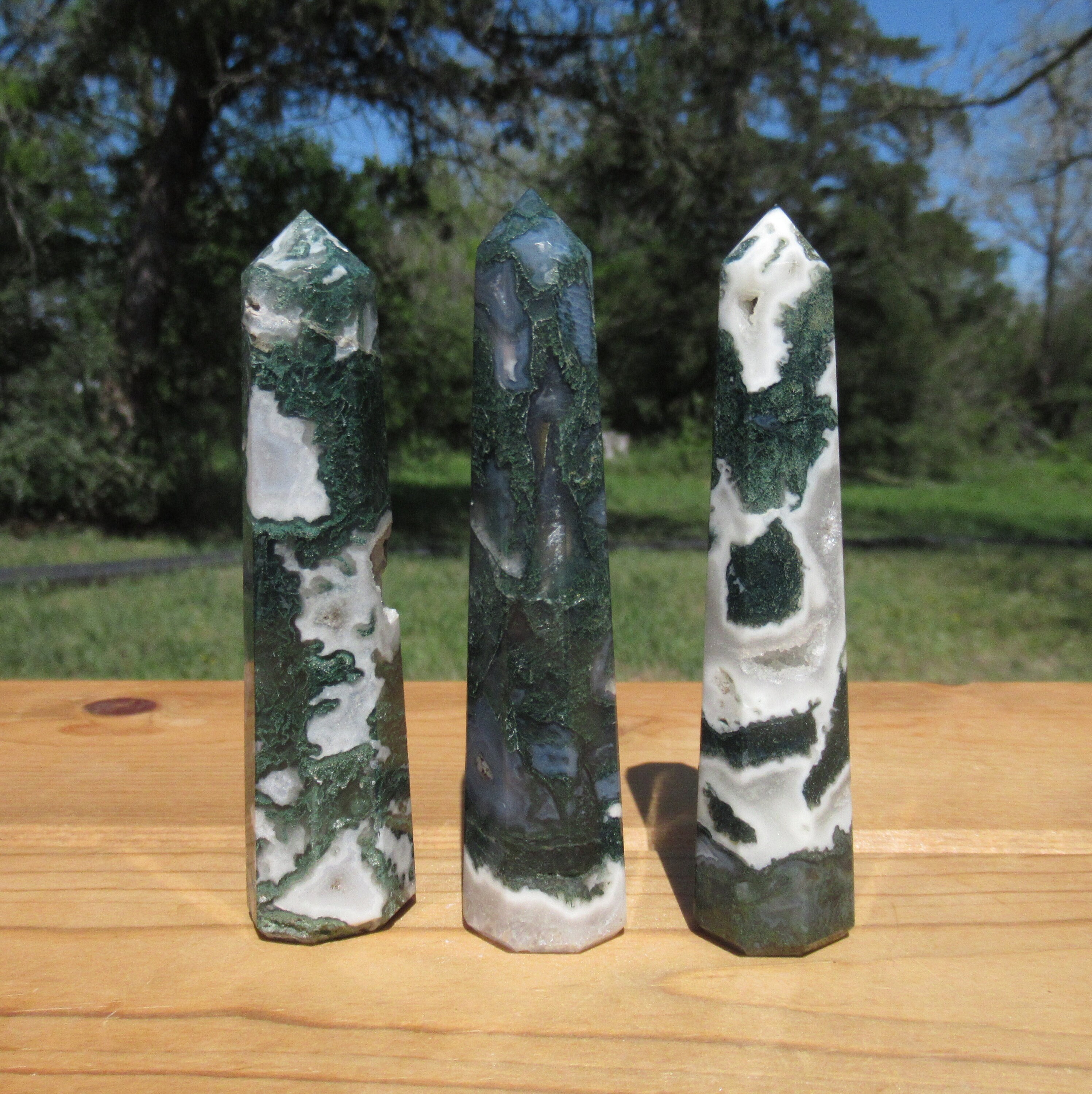 Natural Moss Agate Obelisk Tower With Druzy