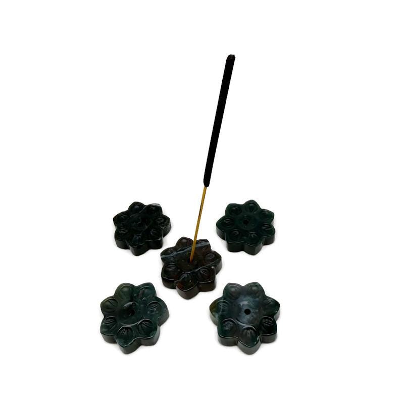 Moss Agate Natural Crystal Flower Incense Holder – Carved Gemstone Stick Burner For Meditation - Tz1010