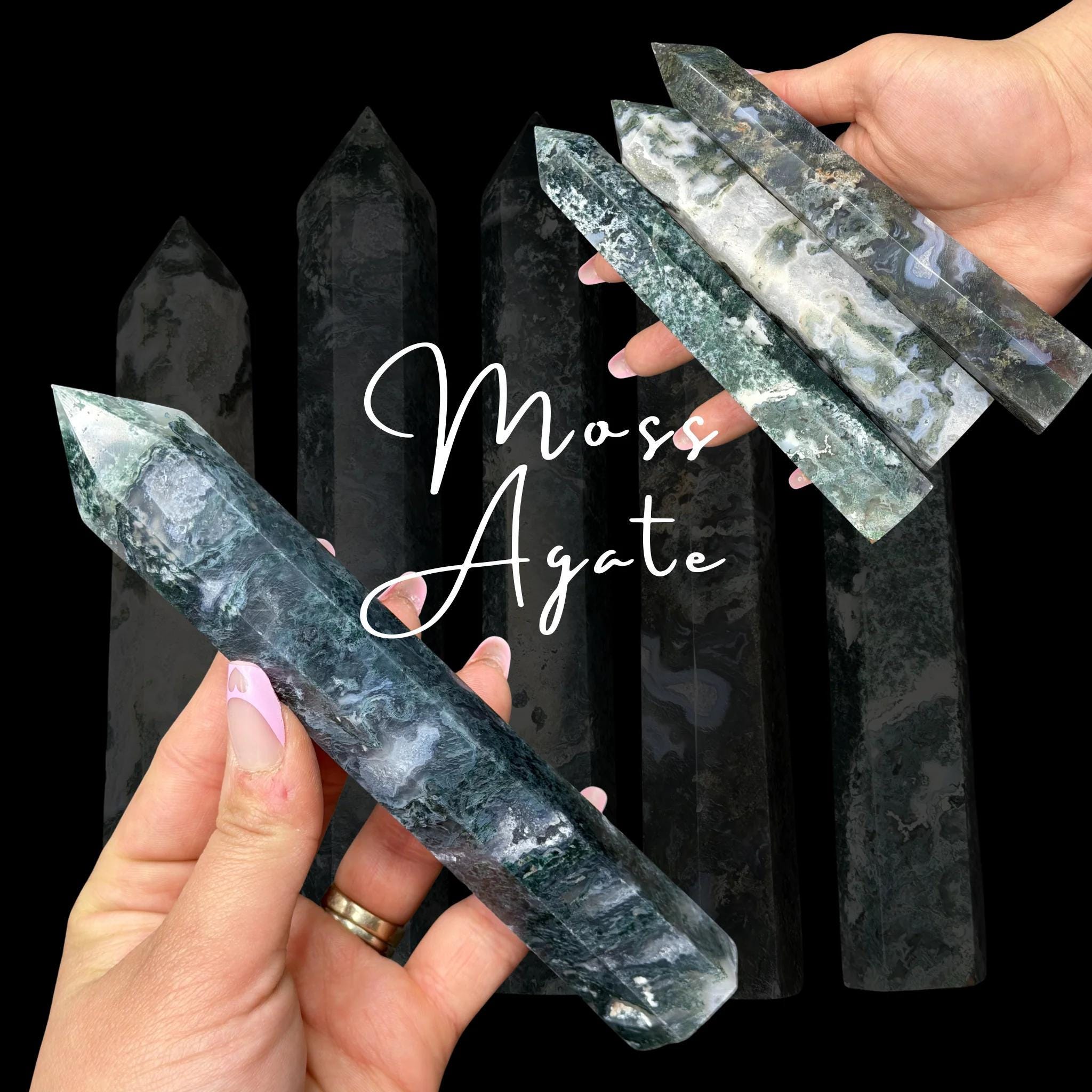 Tall Moss Agate Point - Skinny Moss Agate Tower - Natural Moss Agate Obelisk Tall Moss Agate Point - Skinny Moss Agate Tower - Natural Moss Agate Obelisk