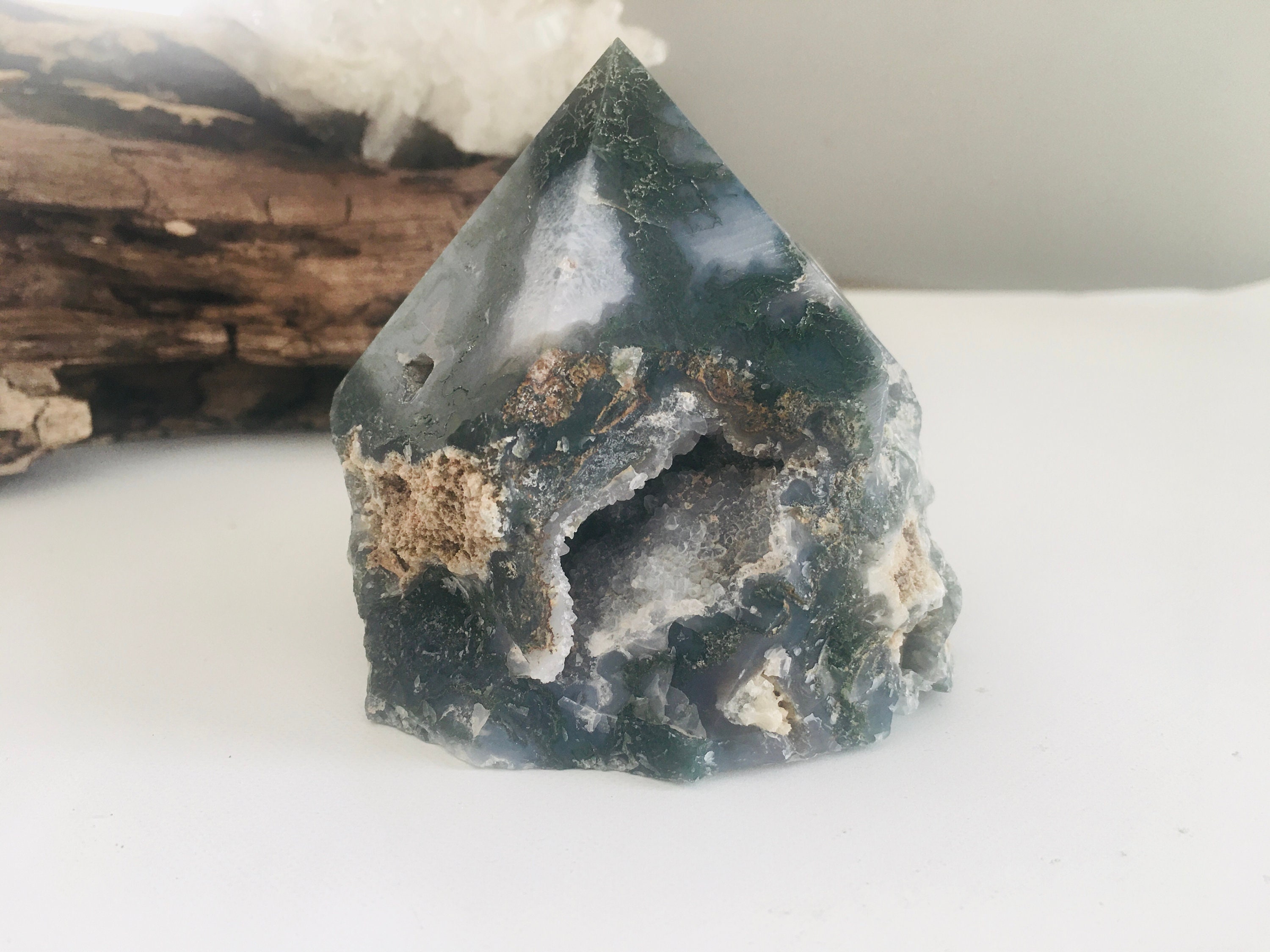 Green Moss Agate Crystal Tower Point, 478g