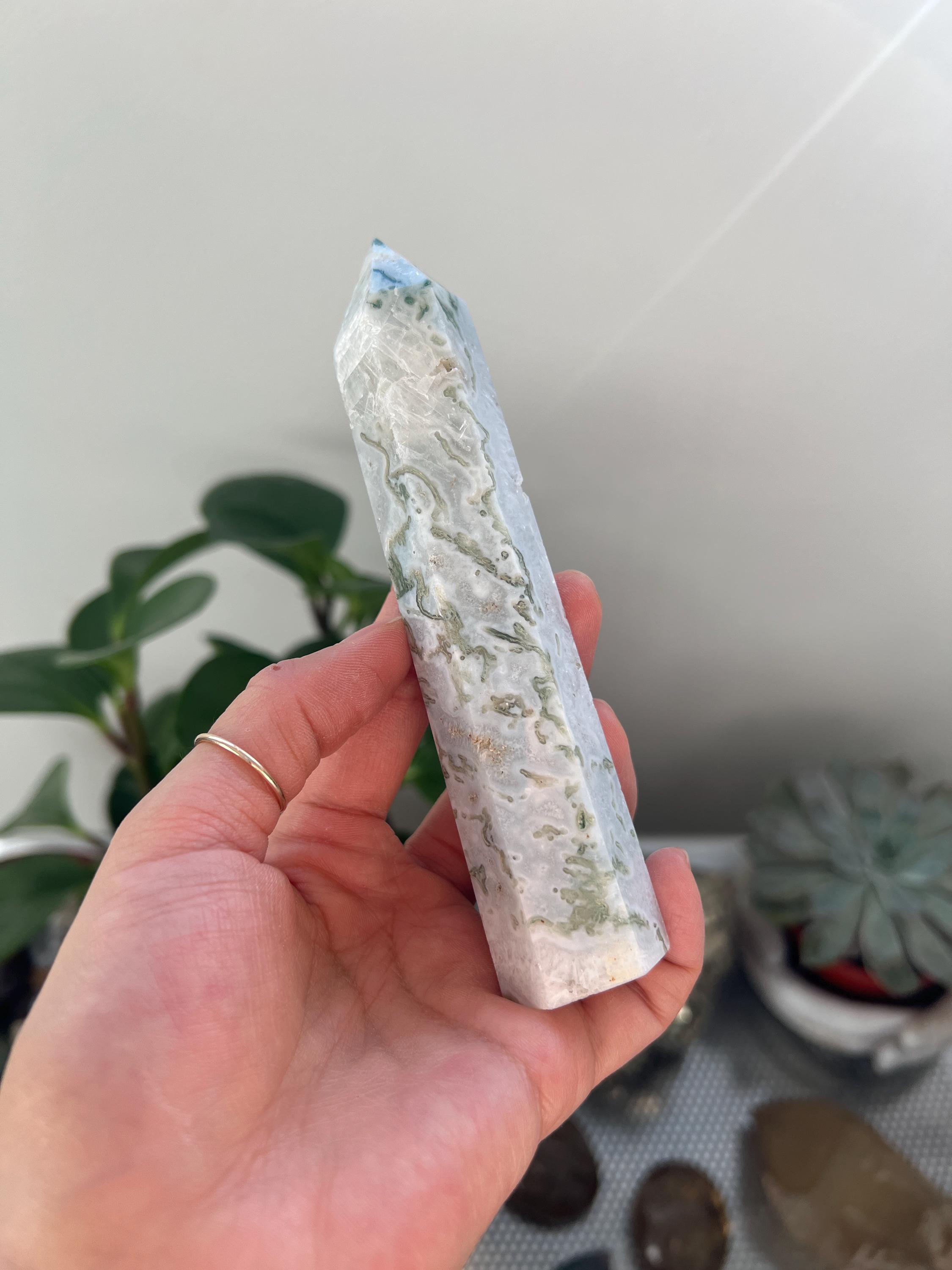 Green Moss Agate Tower Point, Healing Crystal (13cm X 2.5cm, 154g)