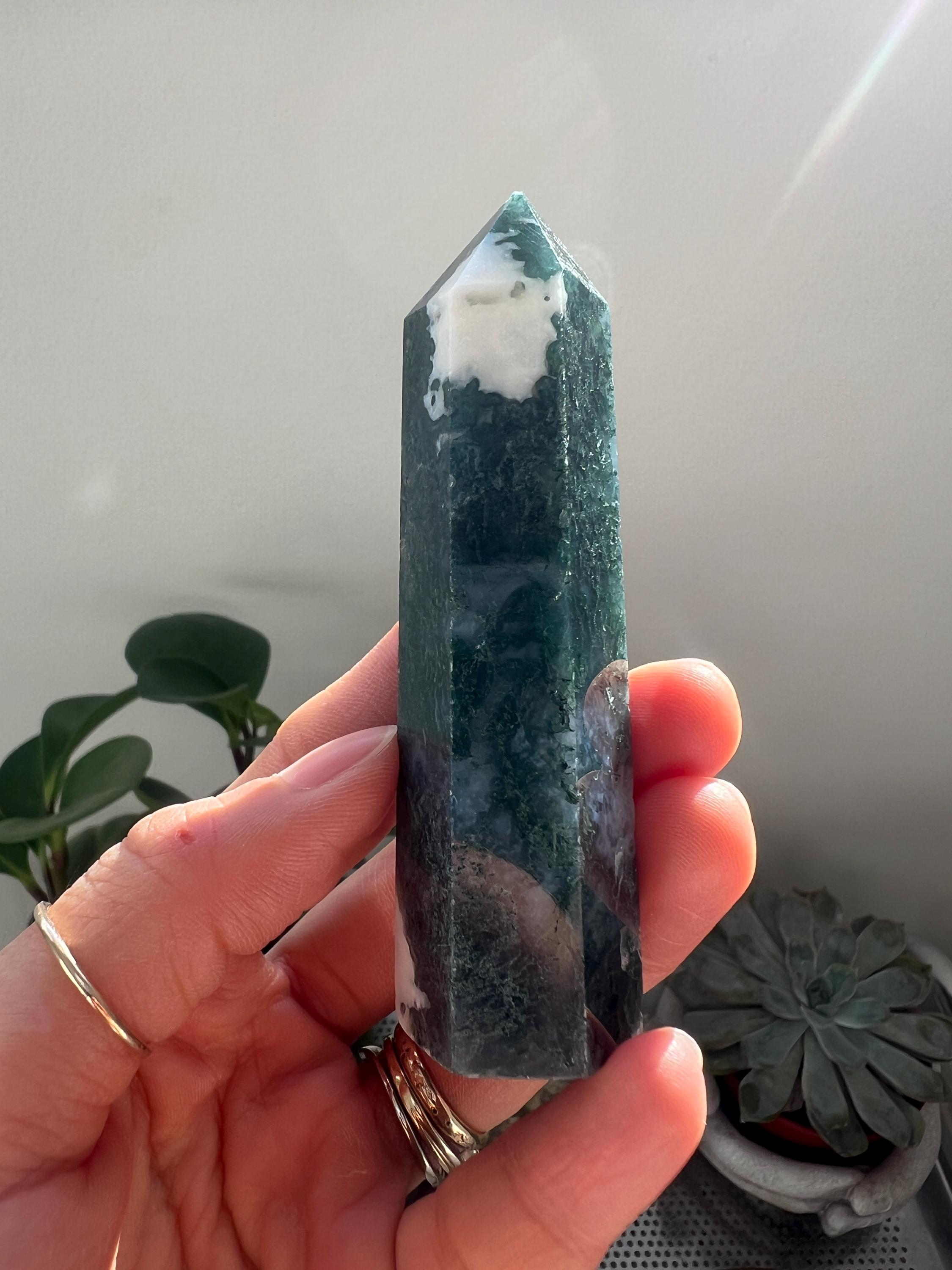 Green Moss Agate Tower, Healing Crystal Point