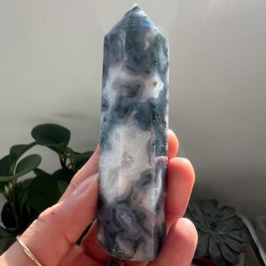 Green Moss Agate Crystal Tower Point, 9.5cm