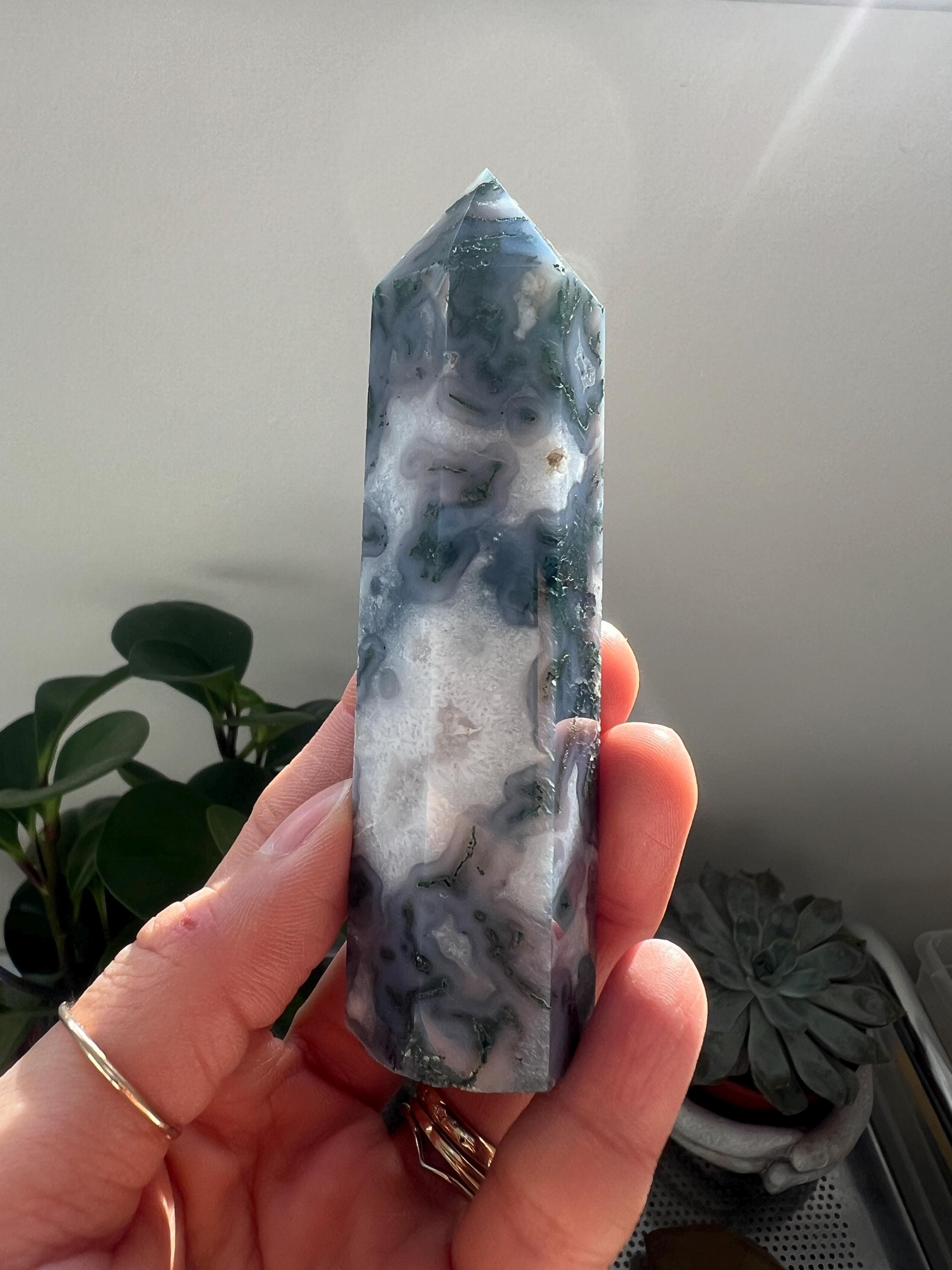 Green Moss Agate Crystal Tower Point, 9.5cm