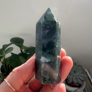 Green Moss Agate Crystal Point Tower