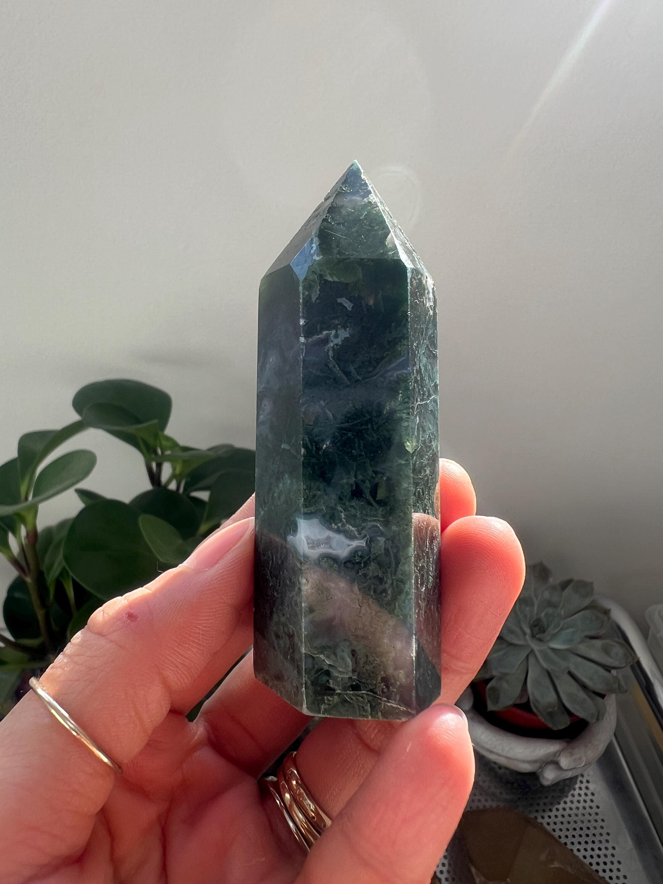 Green Moss Agate Crystal Point Tower
