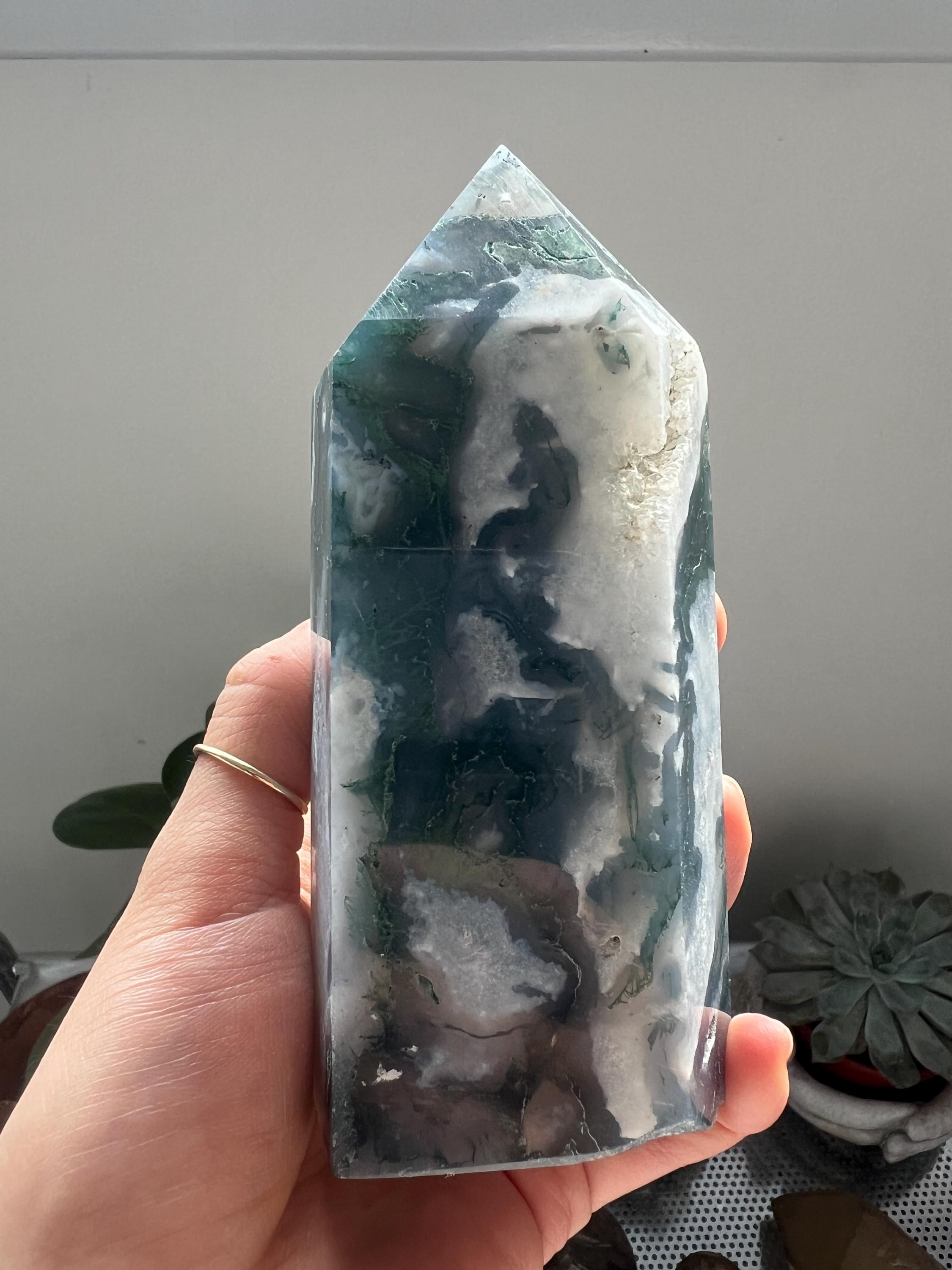 Xl Moss Agate Crystal Tower, Green Healing Point