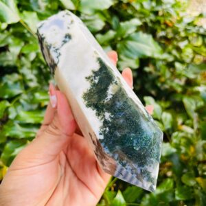 XL Moss Agate Crystal Tower: Green & White Gemstone Point (6" x 1.75") 427G