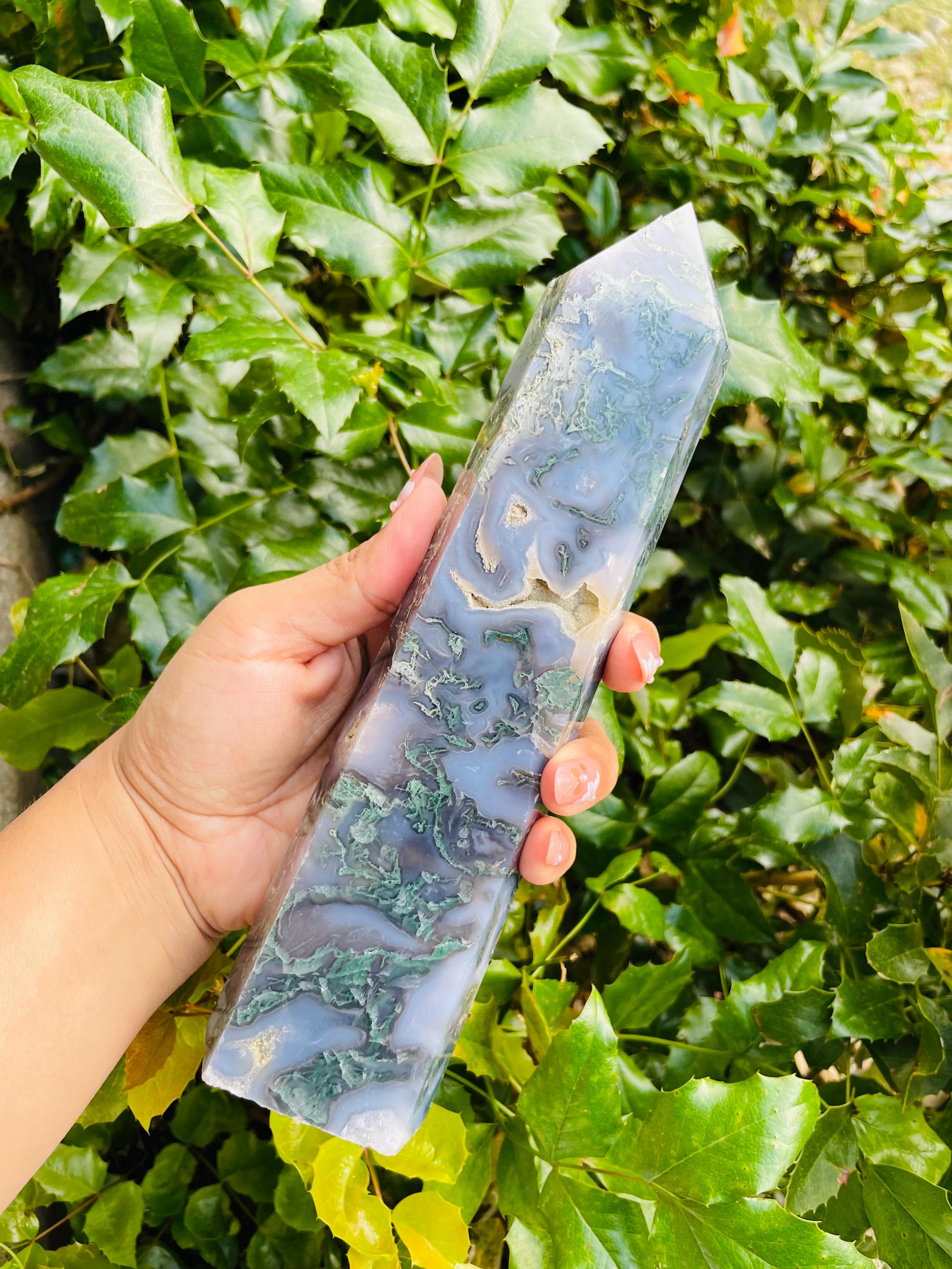 Xxxl Moss Agate Tower: Natural Green Crystal Point (9in X 2.25in, 942g)