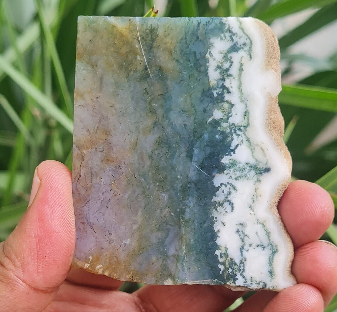 Raw Moss Agate Slice | 5mm Gemstone Plate For Decor