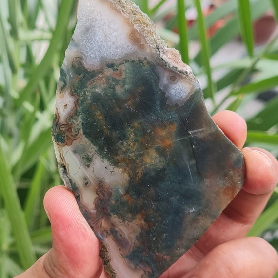 Raw Moss Agate Slice: Green Crystal Plate