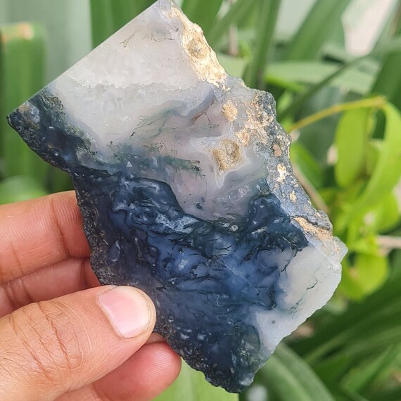 Raw Moss Agate Slice: Green Crystal Gemstone Plate (75x47x11 Mm)