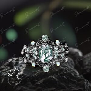 3pcs Gothic Black Gold Oval Cut Moss Agate Engagement Ring Bridal Sets Cluster Promise Ring Art Deco Leaf Green Gemstone Branch Ring Women 3pcs Gothic Black Gold Oval Cut Moss Agate Engagement Ring Bridal Sets Cluster Promise Ring Art Deco Leaf Green Gemstone Branch Ring Women