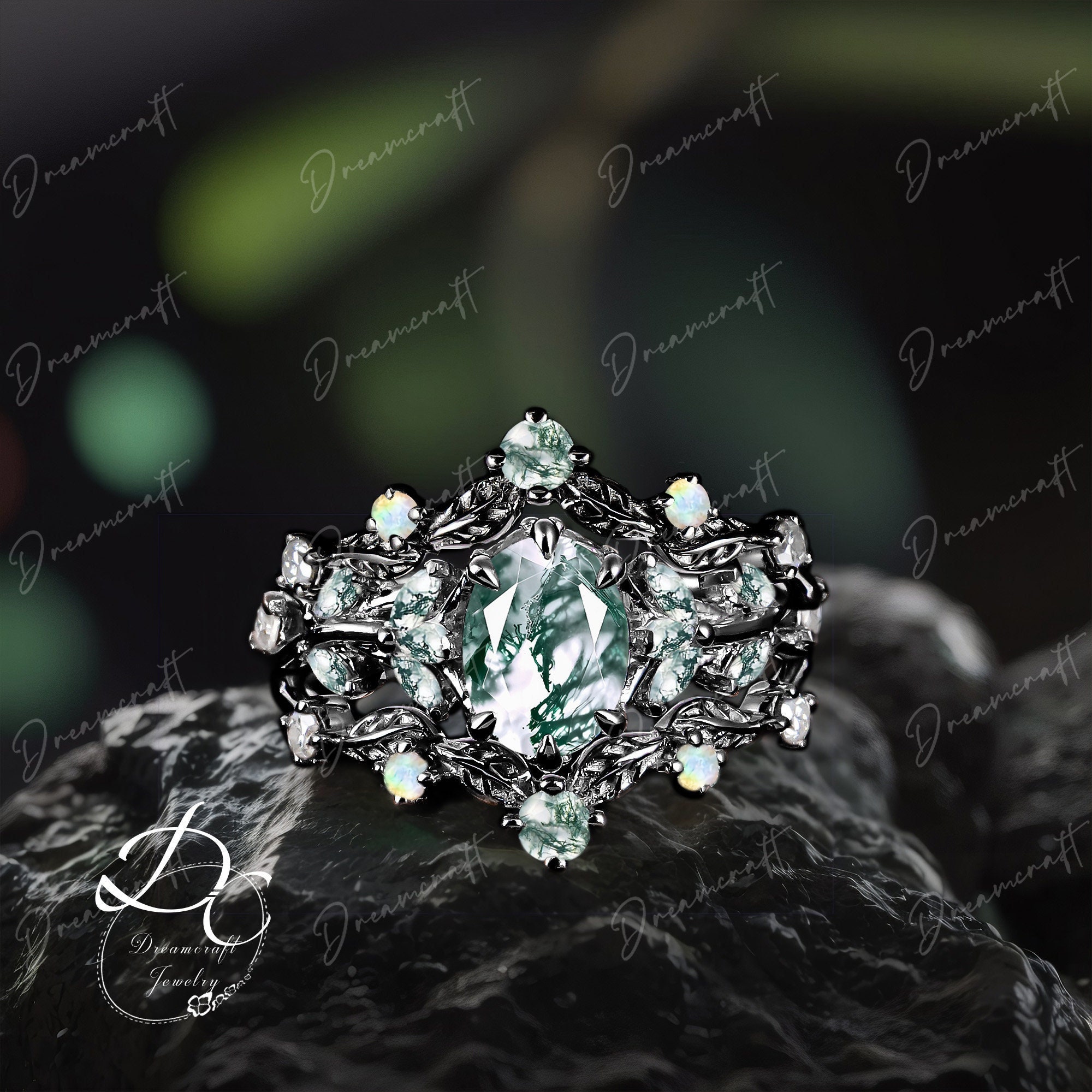 3pcs Gothic Black Gold Oval Cut Moss Agate Engagement Ring Bridal Sets Cluster Promise Ring Art Deco Leaf Green Gemstone Branch Ring Women