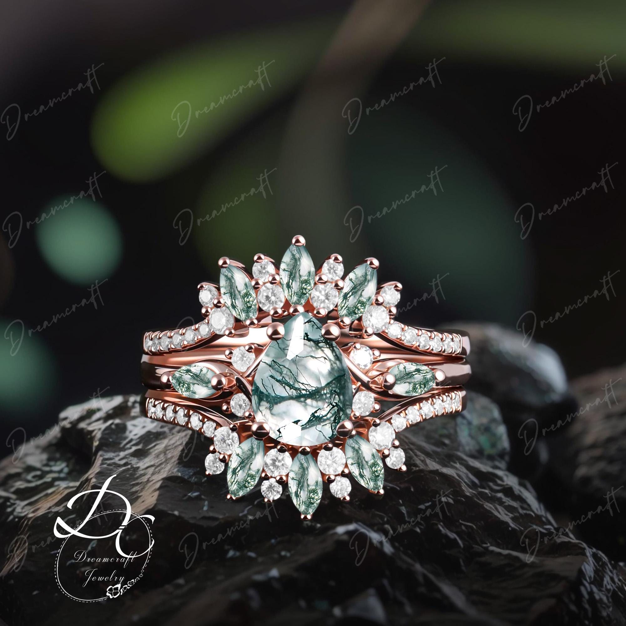 3pcs Vintage Pear Moss Agate Engagement Ring Sets Unique Rose Gold Green Gemstone Promise Ring Art Deco Bridal Sets Cluster Anniversary Ring
