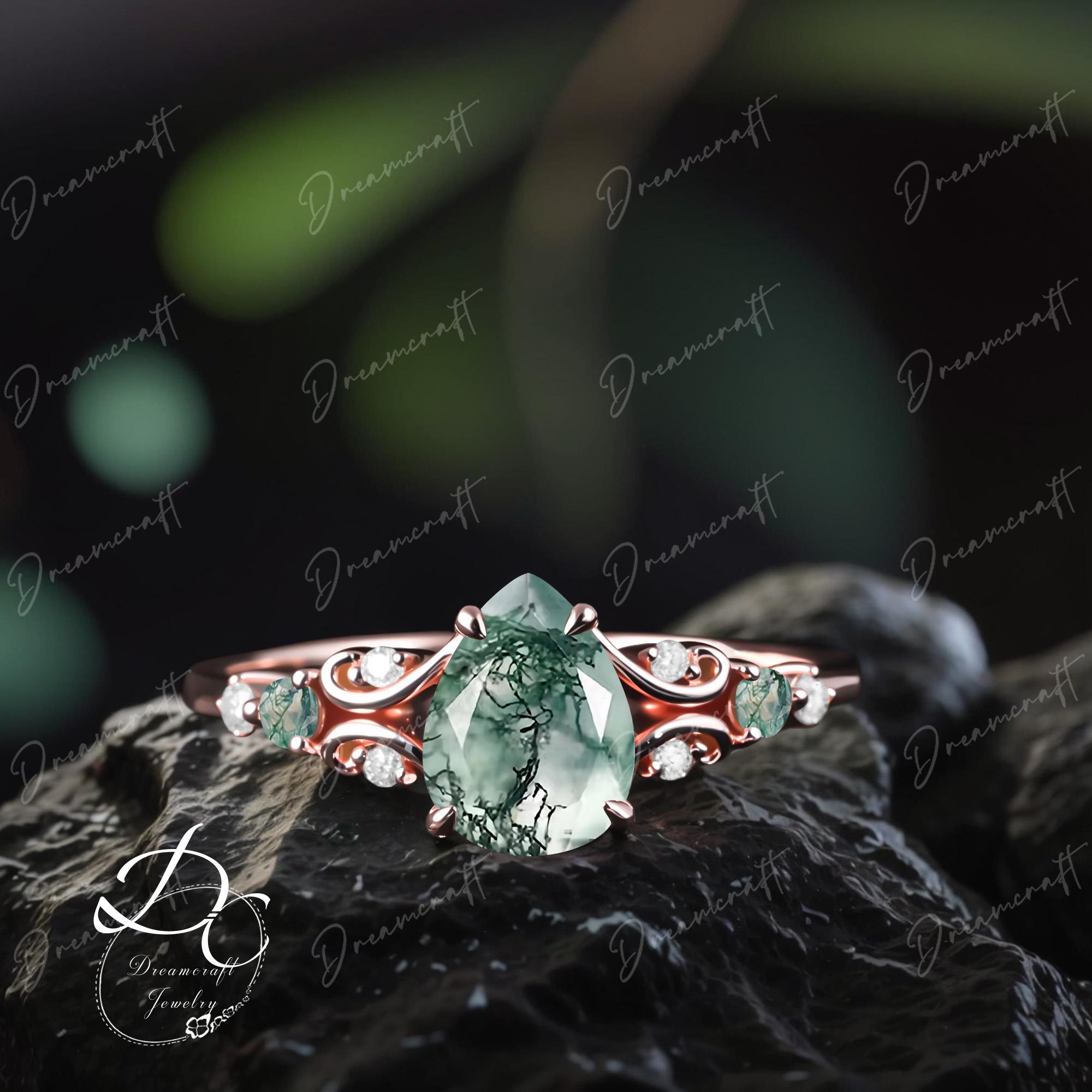 Art Deco Ring Rose Gold Pear Moss Agate Engagement Ring Nature Inspired Cluster Promise Ring Green Gemstone Branch Bridal Ring Jewelry