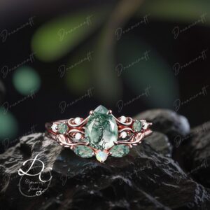 Art Deco Ring Rose Gold Pear Moss Agate Engagement Ring Sets Nature Inspired Cluster Promise Ring Green Gemstone Branch Bridal Set Jewelry